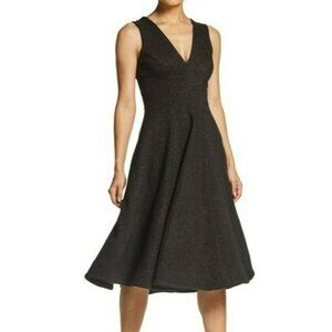 Dress the Population Modest Black V Neck Fit Flare Midi Dress